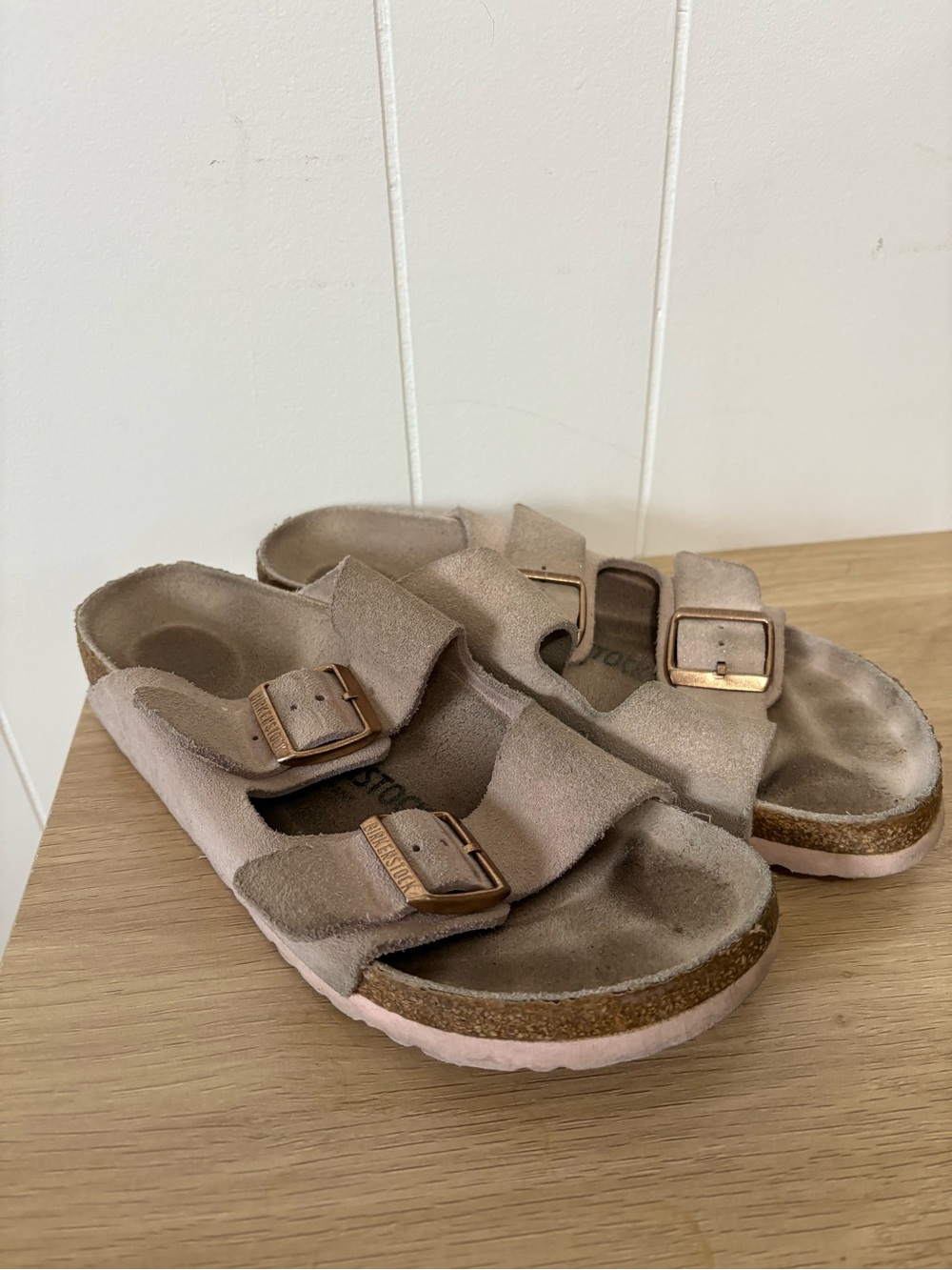 Birkenstock Two-Strap Suede Sandals in Light Beige with Rose Gold Buckles